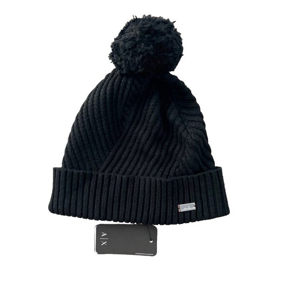 Armani Exchange A/X Knit Rib Pom Beanie Hat Black ( O/S ) - Picture 1 of 2
